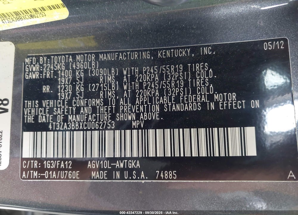 2012 TOYOTA VENZA VIN: 4T3ZA3BBXCU062753