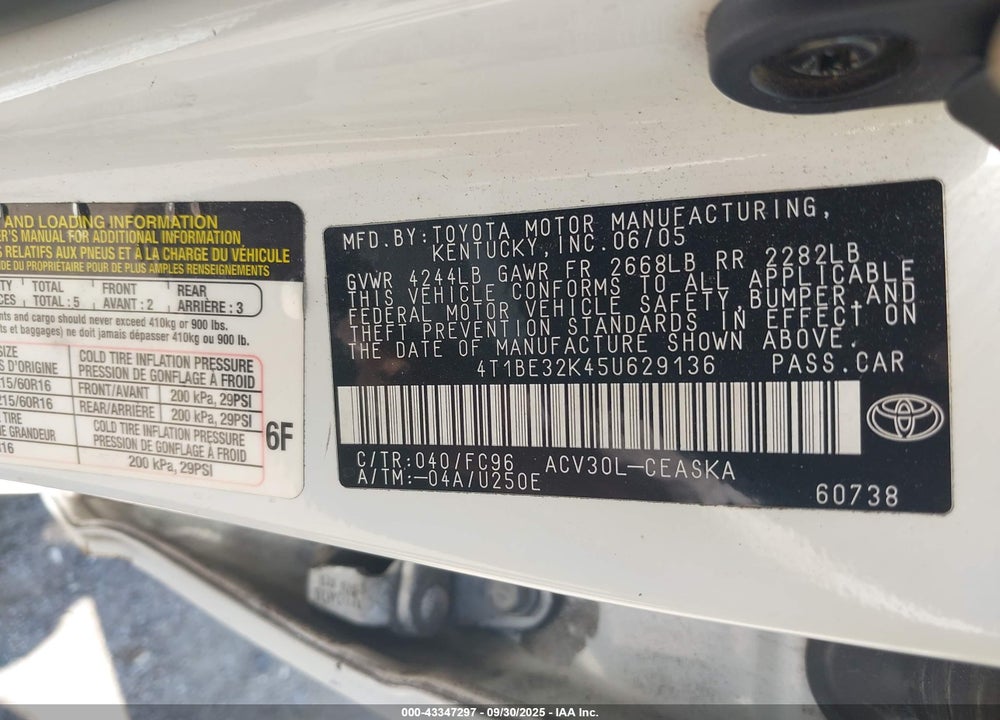 2005 TOYOTA CAMRY SE VIN: 4T1BE32K45U629136