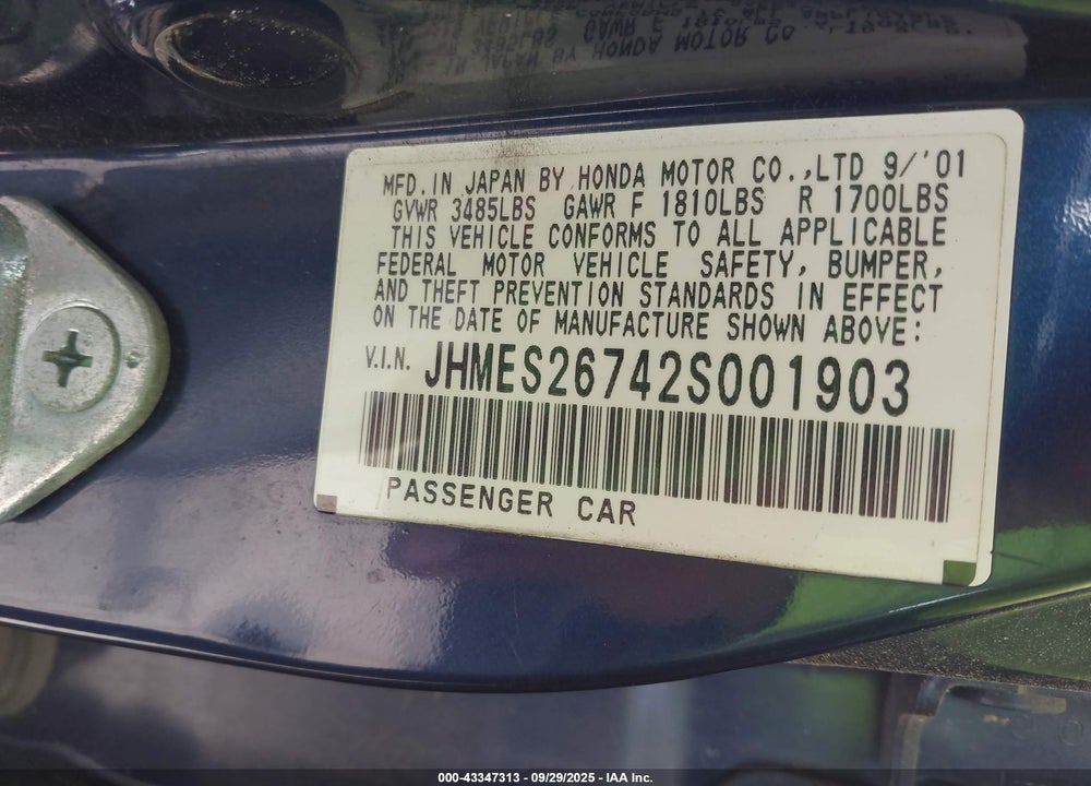 2002 HONDA CIVIC EX VIN: JHMES26742S001903