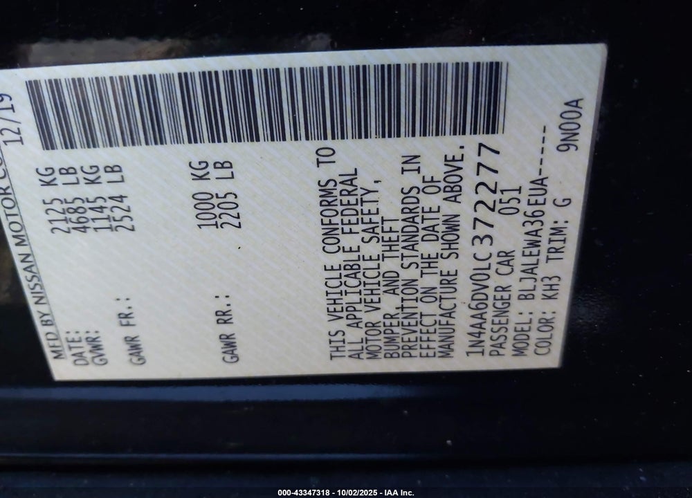 2020 NISSAN MAXIMA VIN: 1N4AA6DV0LC372277