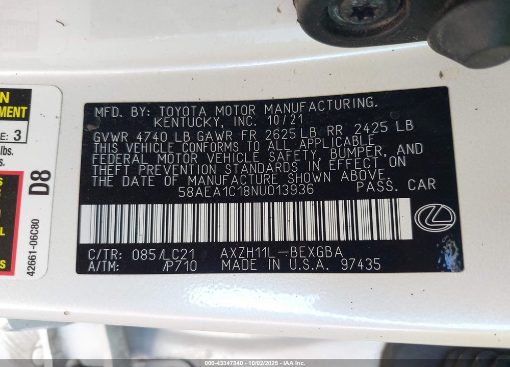 2022 LEXUS ES 300H VIN: 58AEA1C18NU013936