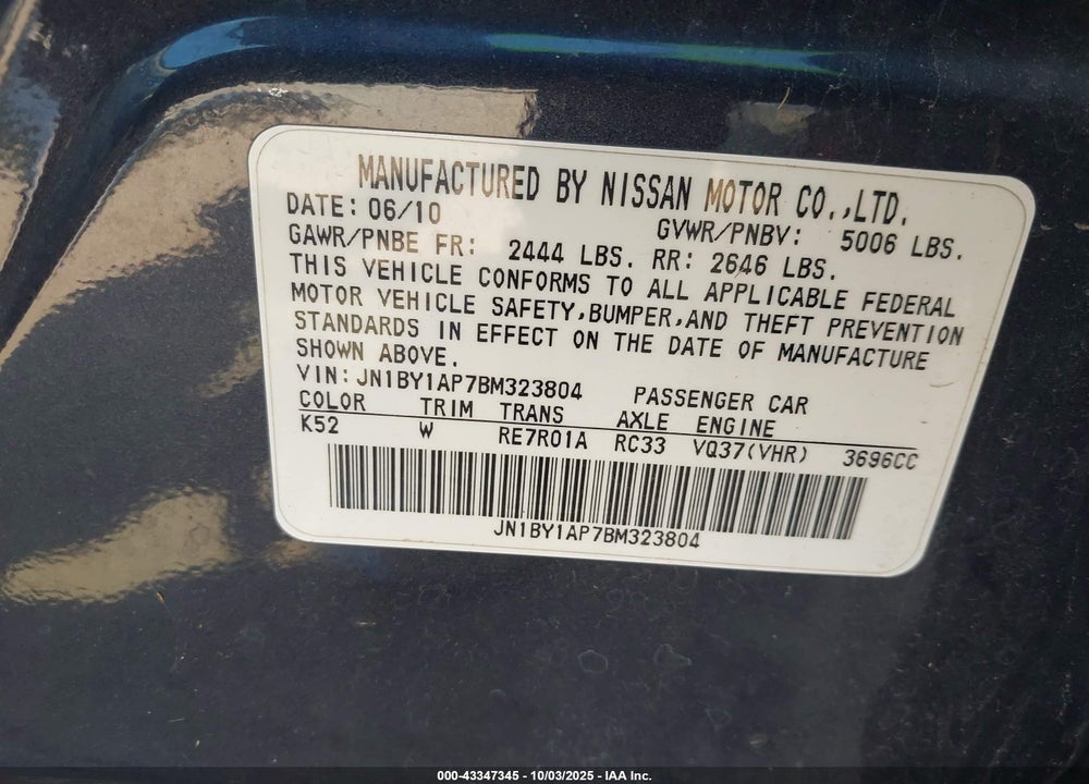 2011 INFINITI M37 VIN: JN1BY1AP7BM323804