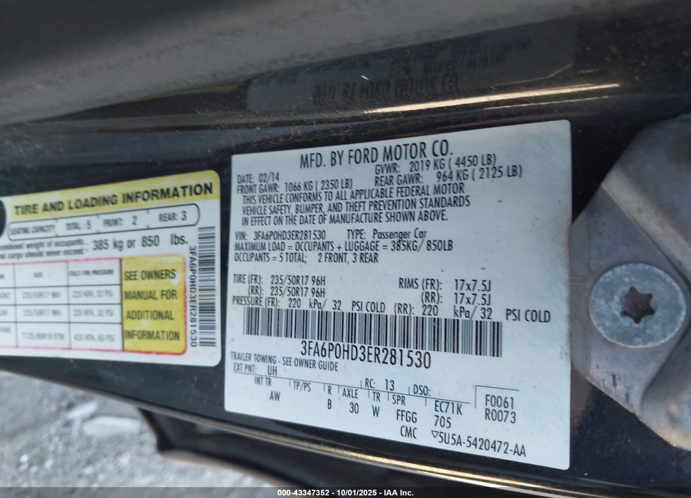 2014 FORD FUSION VIN: 3FA6P0HD3ER281530