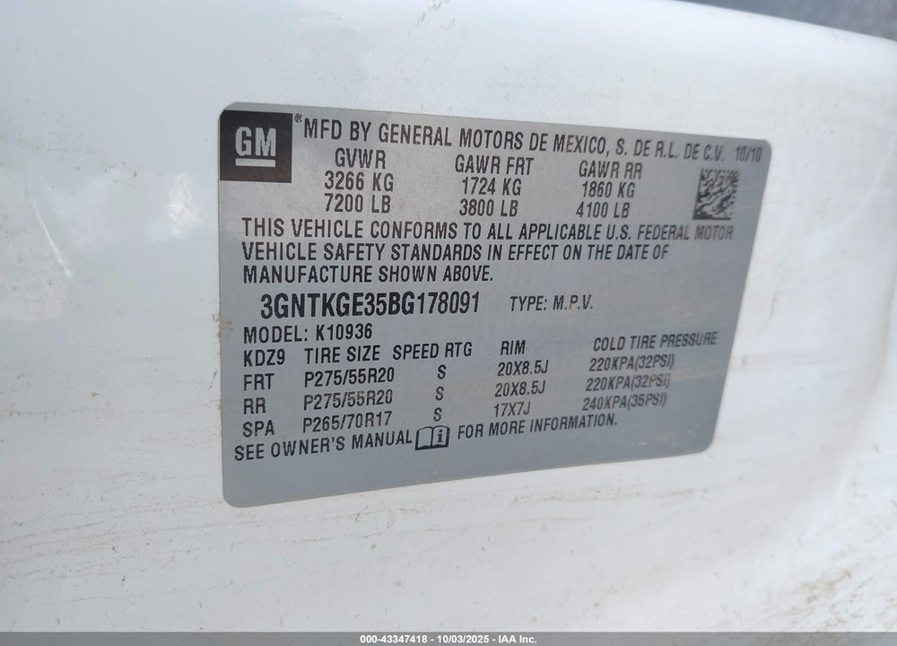 2011 CHEVROLET AVALANCHE 1500 LTZ VIN: 3GNTKGE35BG178091