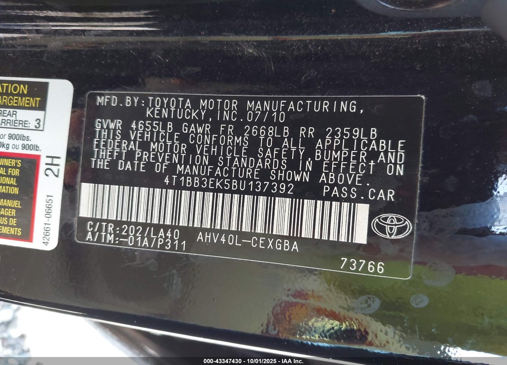 2011 TOYOTA CAMRY HYBRID VIN: 4T1BB3EK5BU137392