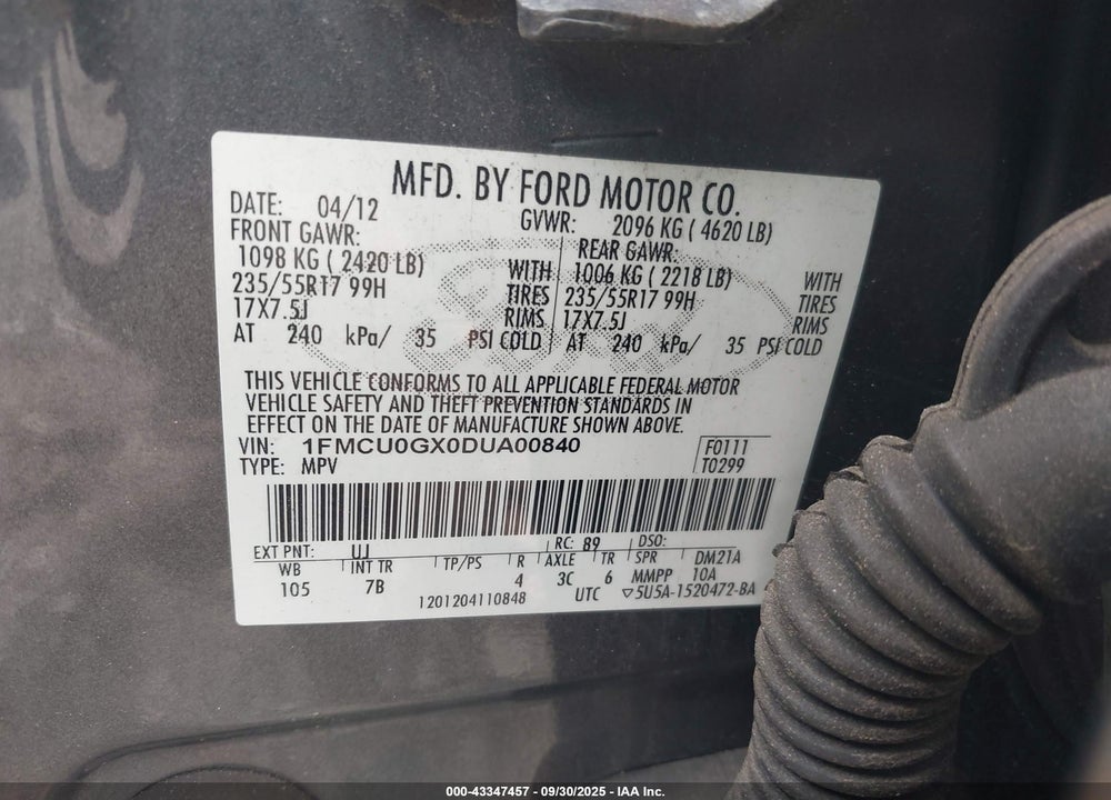 2013 FORD ESCAPE VIN: 1FMCU0GX0DUA00840