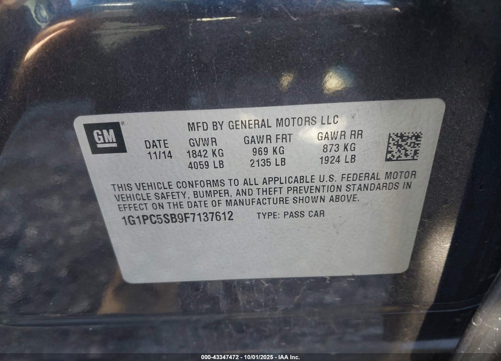 2015 CHEVROLET CRUZE VIN: 1G1PC5SB9F7137612