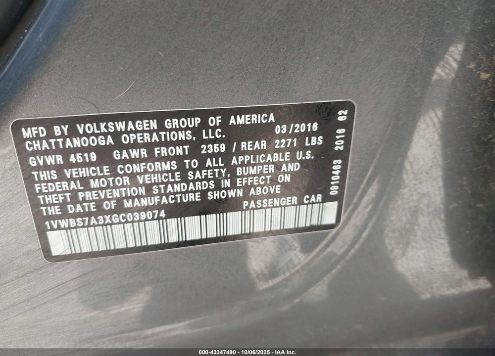 2016 VOLKSWAGEN PASSAT 1.8T SE VIN: 1VWBS7A3XGC039074