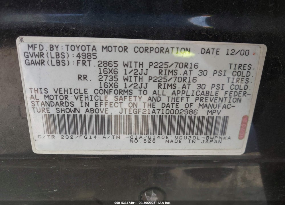2001 TOYOTA HIGHLANDER V6 VIN: JTEGF21A710002986