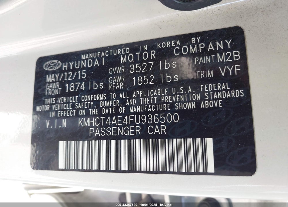 2015 HYUNDAI ACCENT VIN: KMHCT4AE4FU936500