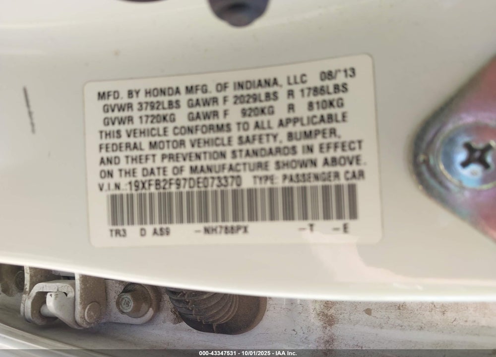 2013 HONDA CIVIC EX-L VIN: 19XFB2F97DE073370