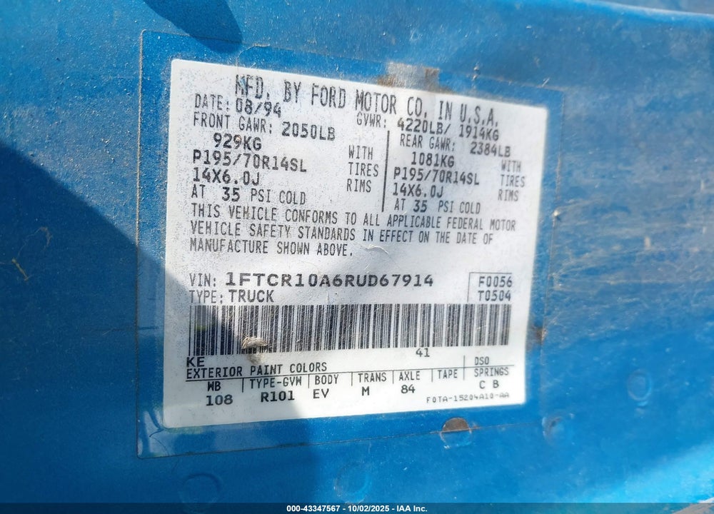 1994 FORD RANGER VIN: 1FTCR10A6RUD67914