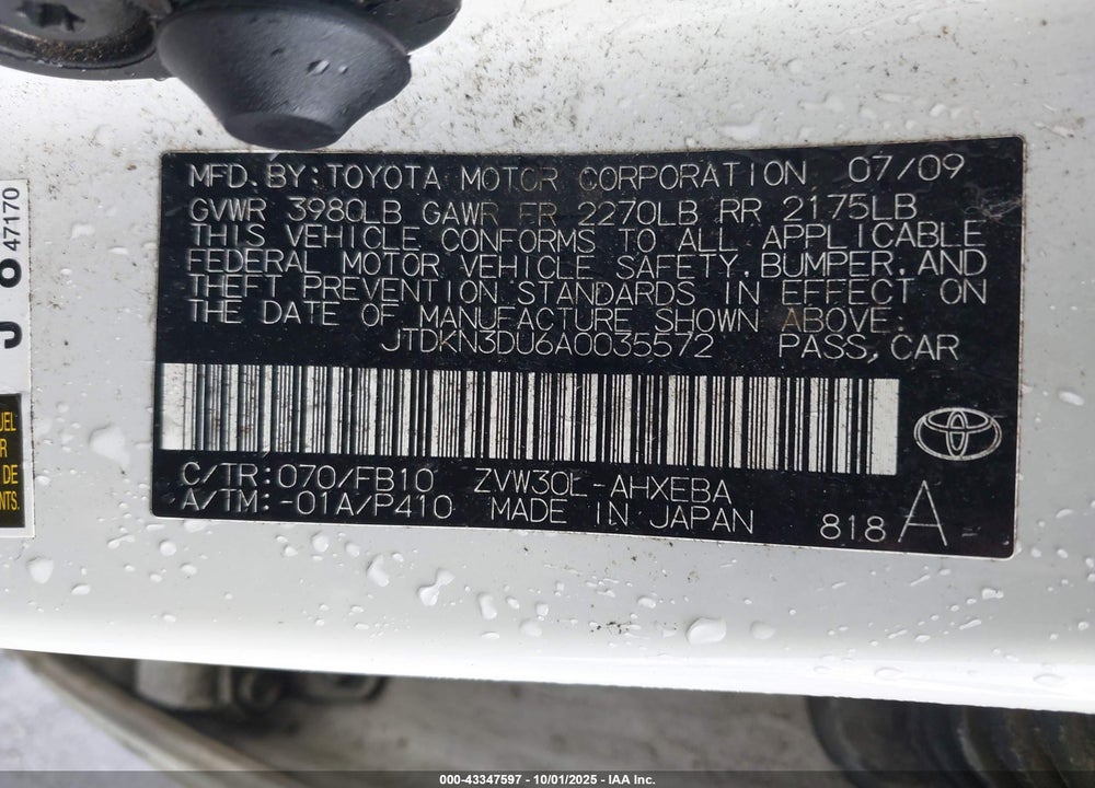 2010 TOYOTA PRIUS VIN: JTDKN3DU6A0035572