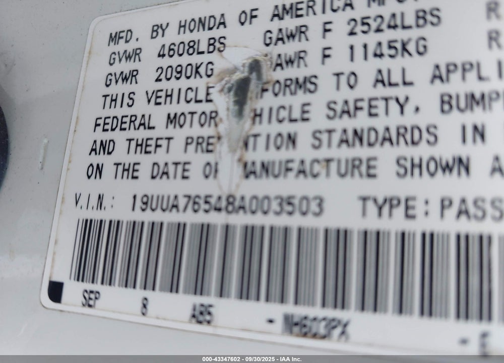 2008 ACURA TL TYPE S VIN: 19UUA76548A003503
