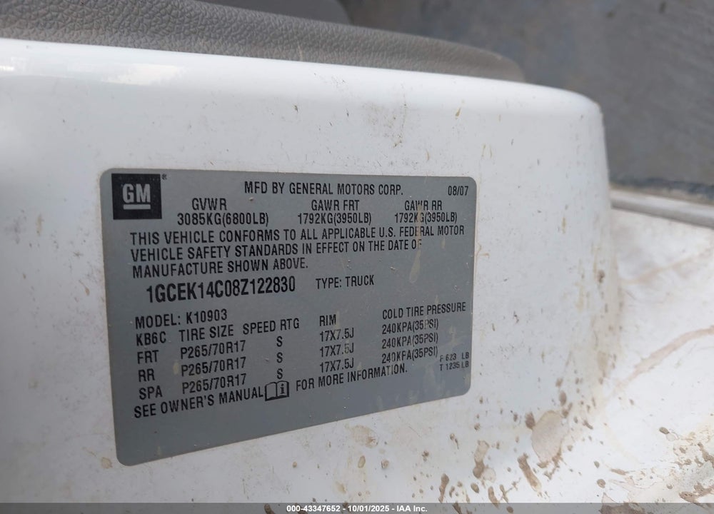 2008 CHEVROLET SILVERADO 1500 WORK TRUCK VIN: 1GCEK14C08Z122830
