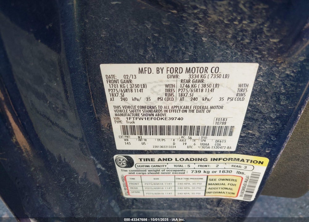 2013 FORD F-150 XLT VIN: 1FTFW1EF0DKE39740