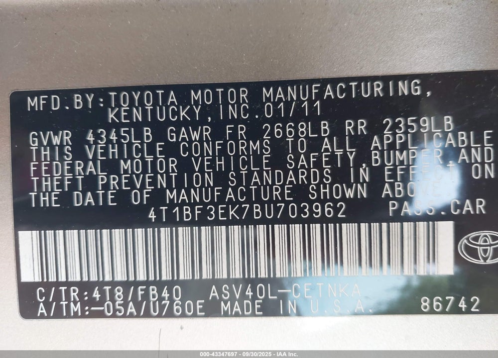 2011 TOYOTA CAMRY LE VIN: 4T1BF3EK7BU703962
