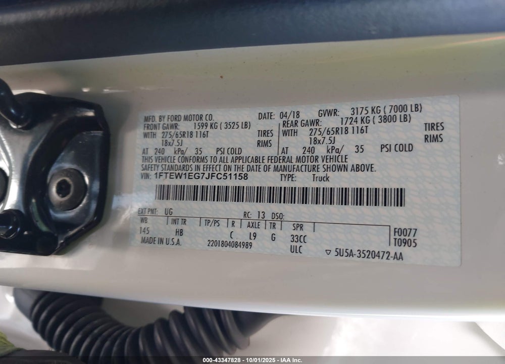 2018 FORD F-150 VIN: 1FTEW1EG7JFC51158