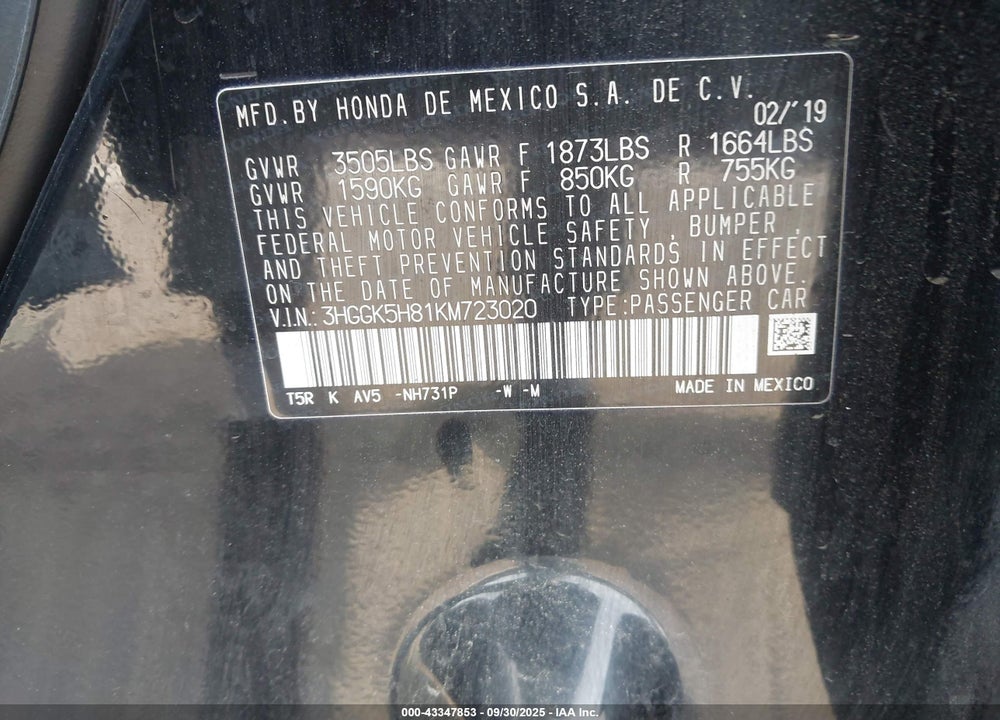 2019 HONDA FIT VIN: 3HGGK5H81KM723020