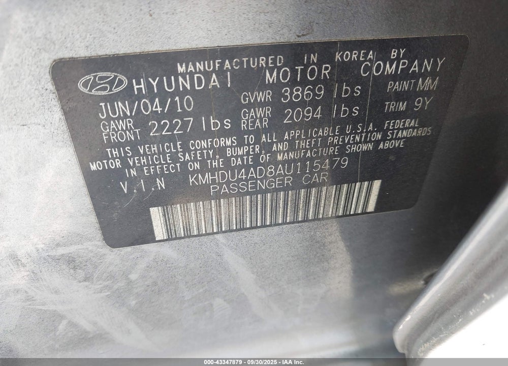 2010 HYUNDAI ELANTRA VIN: KMHDU4AD8AU115479