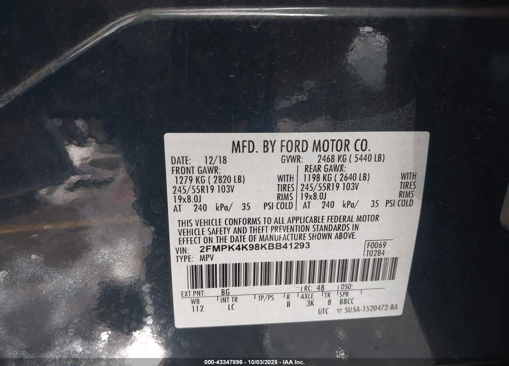2019 FORD EDGE TITANIUM VIN: 2FMPK4K98KBB41293