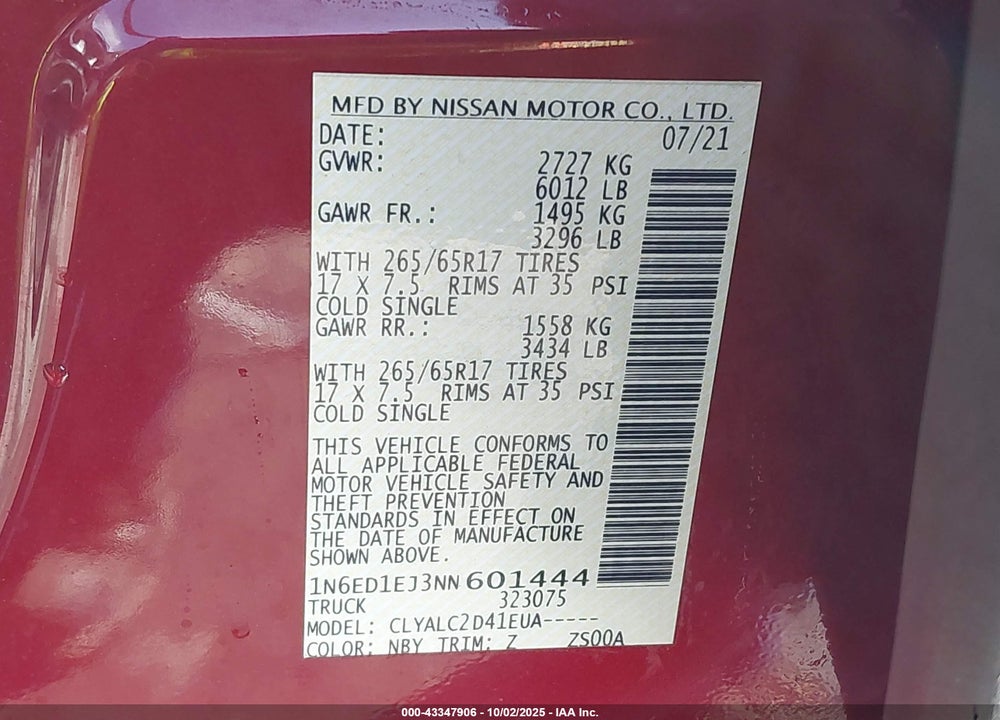 2022 NISSAN FRONTIER VIN: 1N6ED1EJ3NN601444