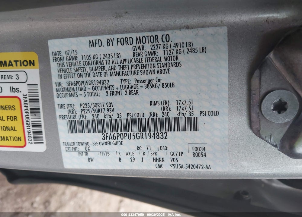 2016 FORD FUSION VIN: 3FA6P0PU5GR194832
