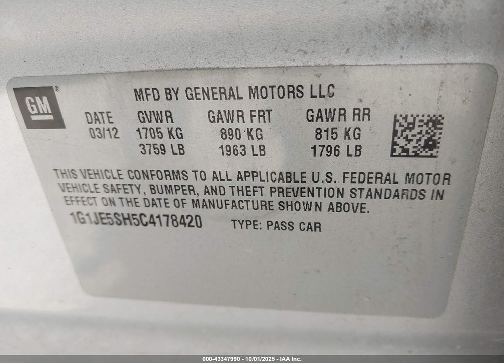 2012 CHEVROLET SONIC VIN: 1G1JE5SH5C4178420