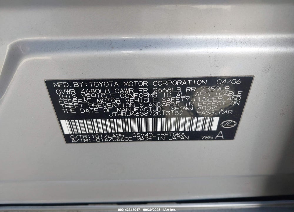 2007 LEXUS ES 350 VIN: JTHBJ46G872013187