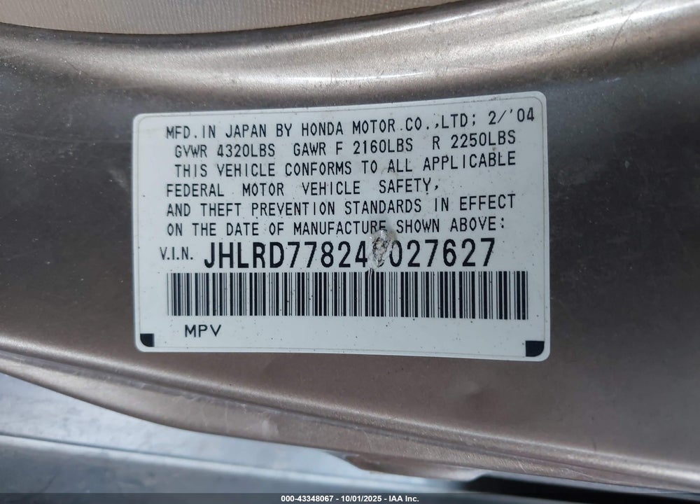2004 HONDA CR-V EX VIN: JHLRD77824C027627