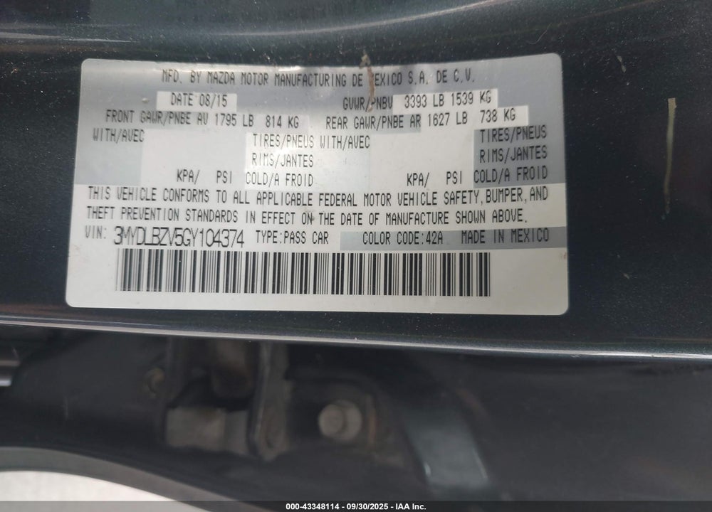 2016 SCION IA VIN: 3MYDLBZV5GY104374