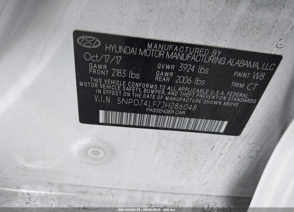 2018 HYUNDAI ELANTRA VIN: 5NPD74LF7JH286048