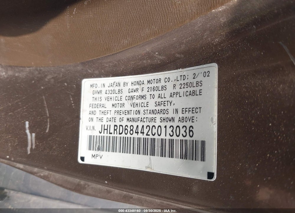 2002 HONDA CR-V VIN: JHLRD68442C013036