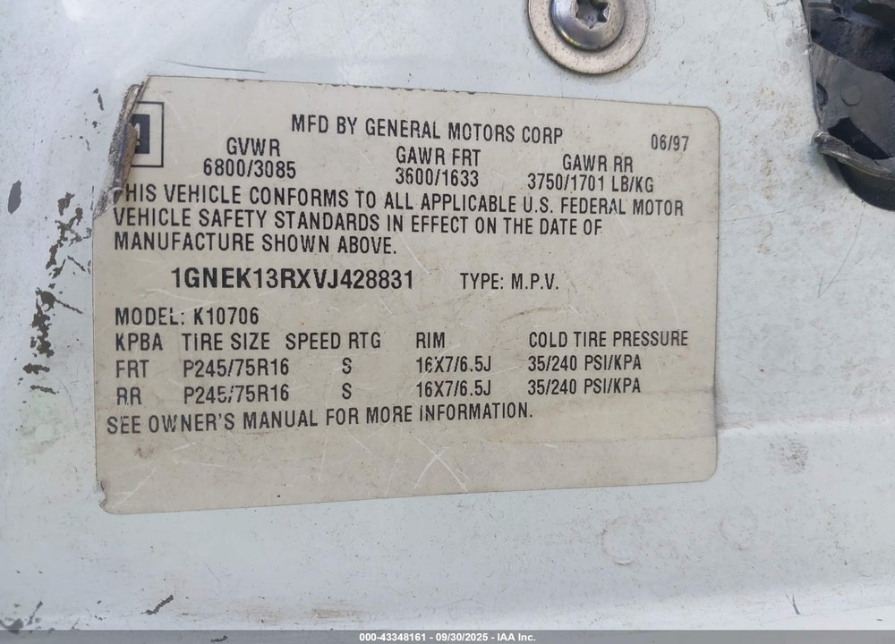 1997 CHEVROLET TAHOE LS VIN: 1GNEK13RXVJ428831