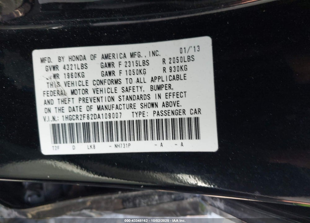 2013 HONDA ACCORD VIN: 1HGCR2F82DA109007