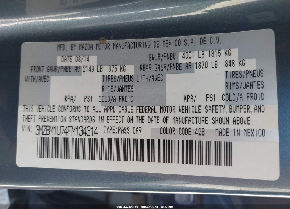2015 MAZDA 3 I SPORT VIN: 3MZBM1U74FM134314