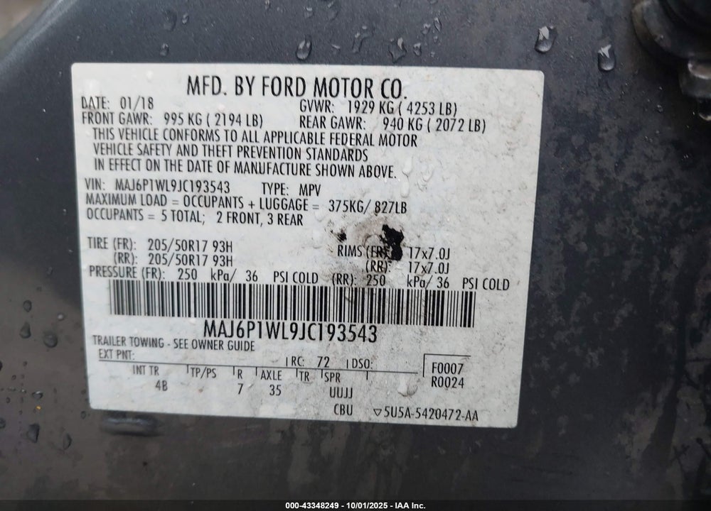 2018 FORD ECOSPORT VIN: MAJ6P1WL9JC193543