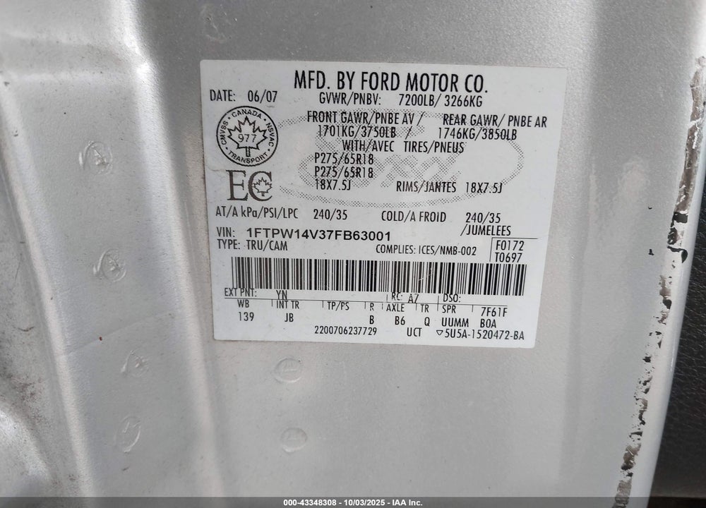2007 FORD F-150 VIN: 1FTPW14V37FB63001