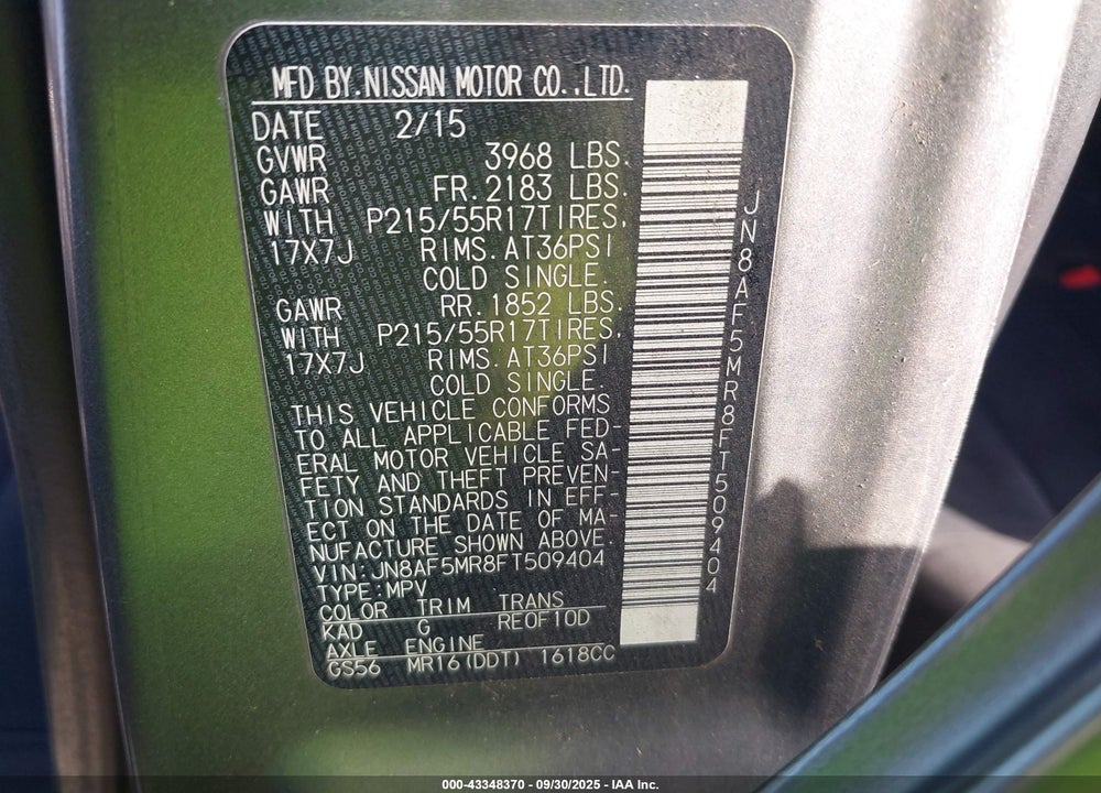 2015 NISSAN JUKE VIN: JN8AF5MR8FT509404