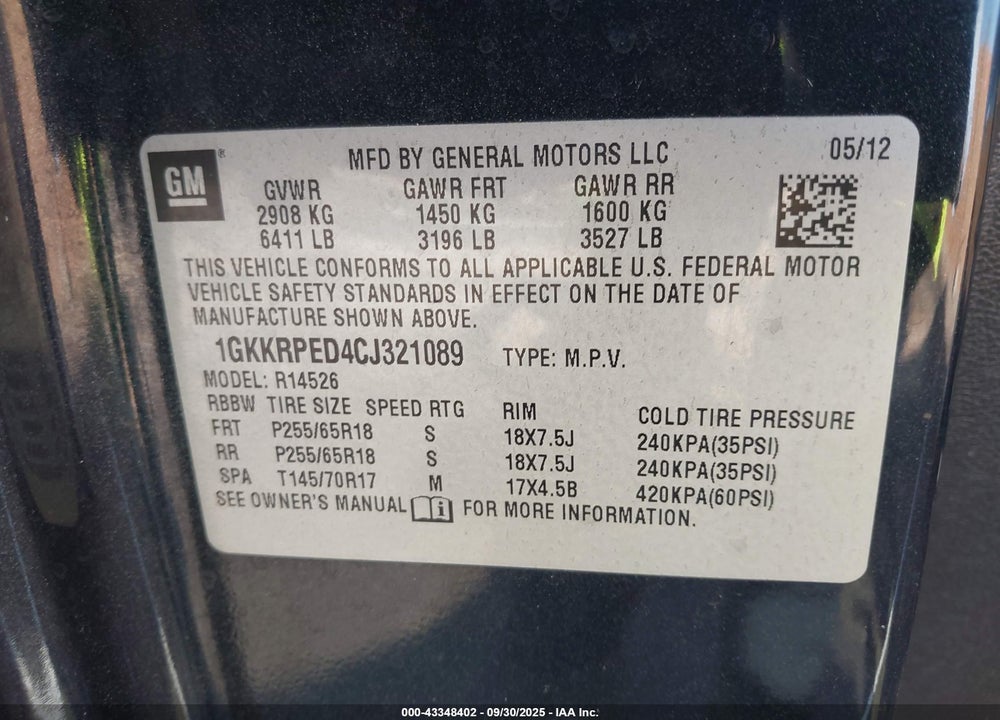 2012 GMC ACADIA SLE VIN: 1GKKRPED4CJ321089