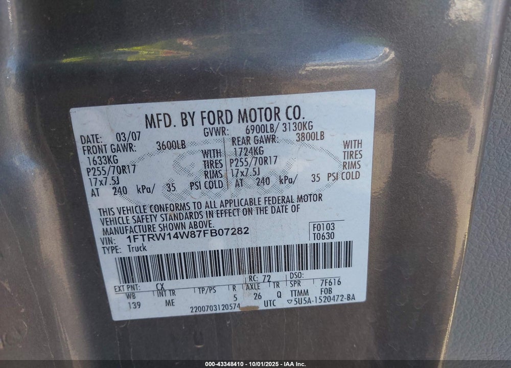 2007 FORD F-150 XLT VIN: 1FTRW14W87FB07282
