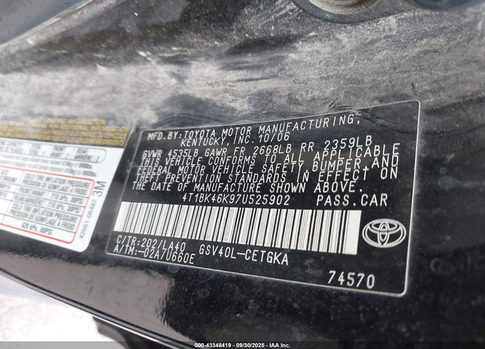 2007 TOYOTA CAMRY XLE V6 VIN: 4T1BK46K97U525902