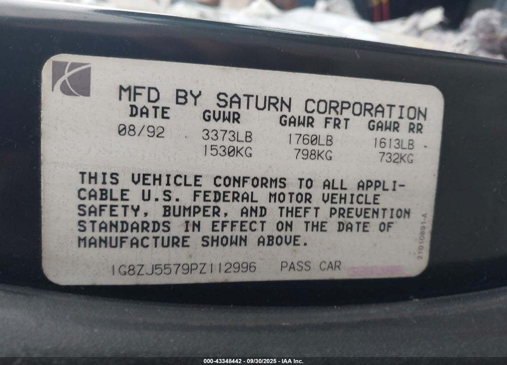 1993 SATURN SL2 VIN: 1G8ZJ5579PZ112996