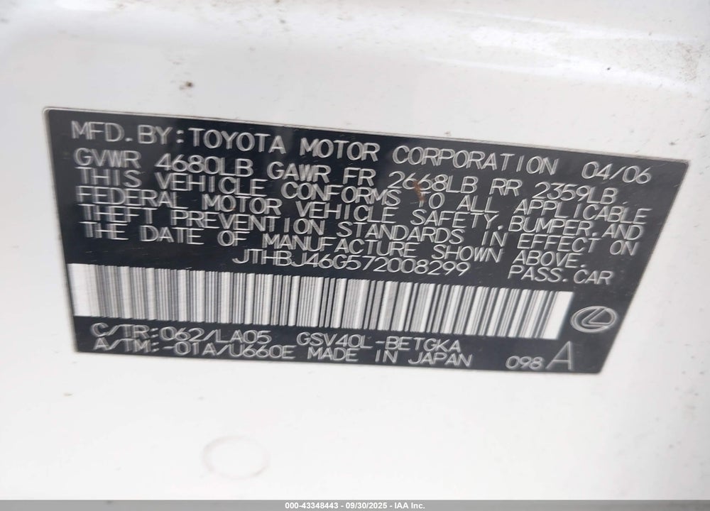 2007 LEXUS ES 350 VIN: JTHBJ46G572008299
