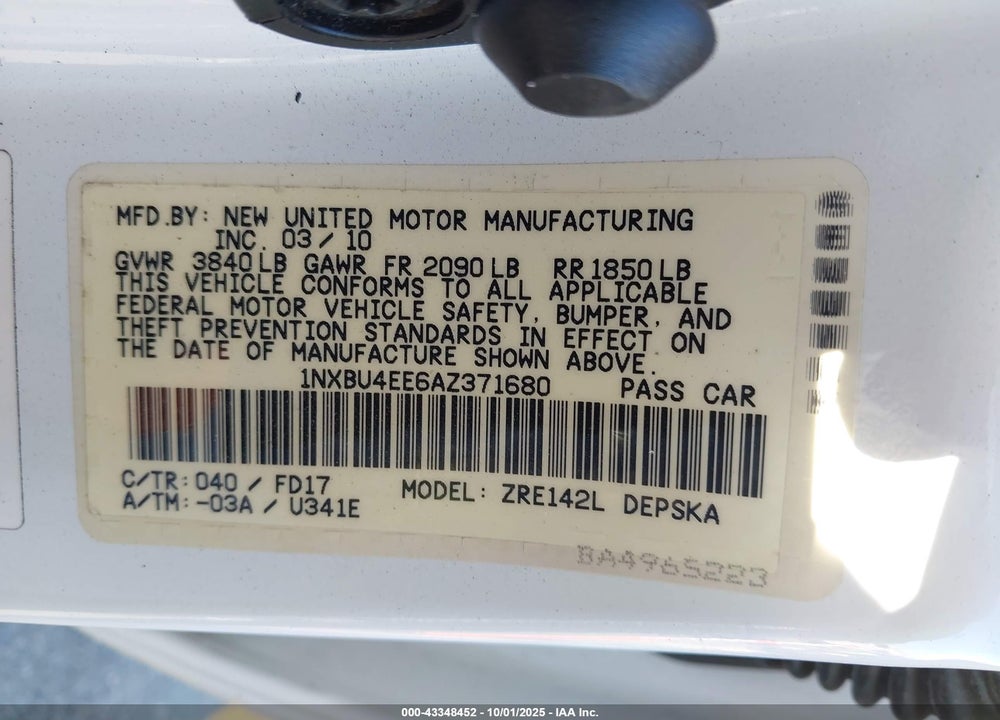 2010 TOYOTA COROLLA VIN: 1NXBU4EE6AZ371680