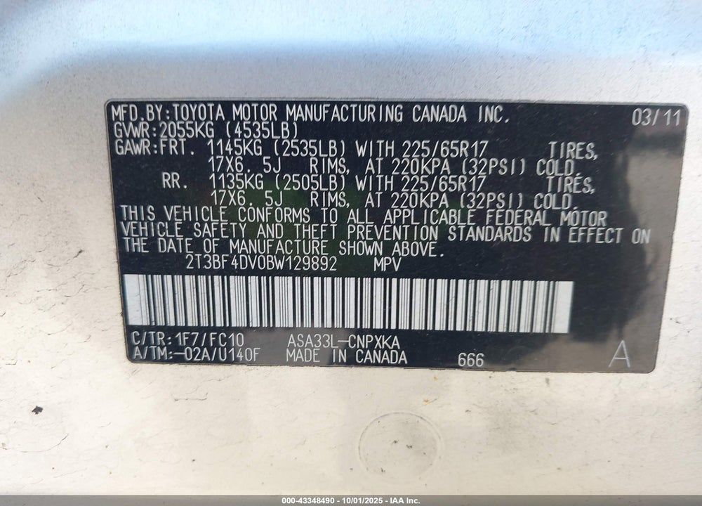 2011 TOYOTA RAV4 VIN: 2T3BF4DV0BW129892