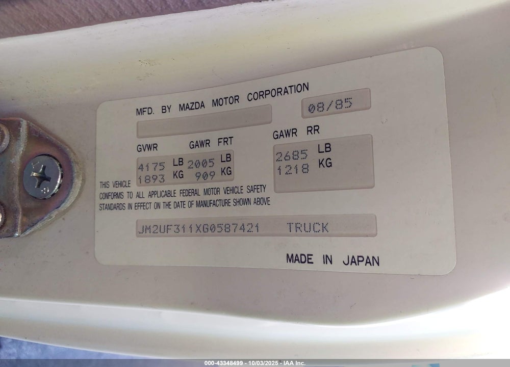 1986 MAZDA B2000 LONG BED VIN: JM2UF311XG0587421