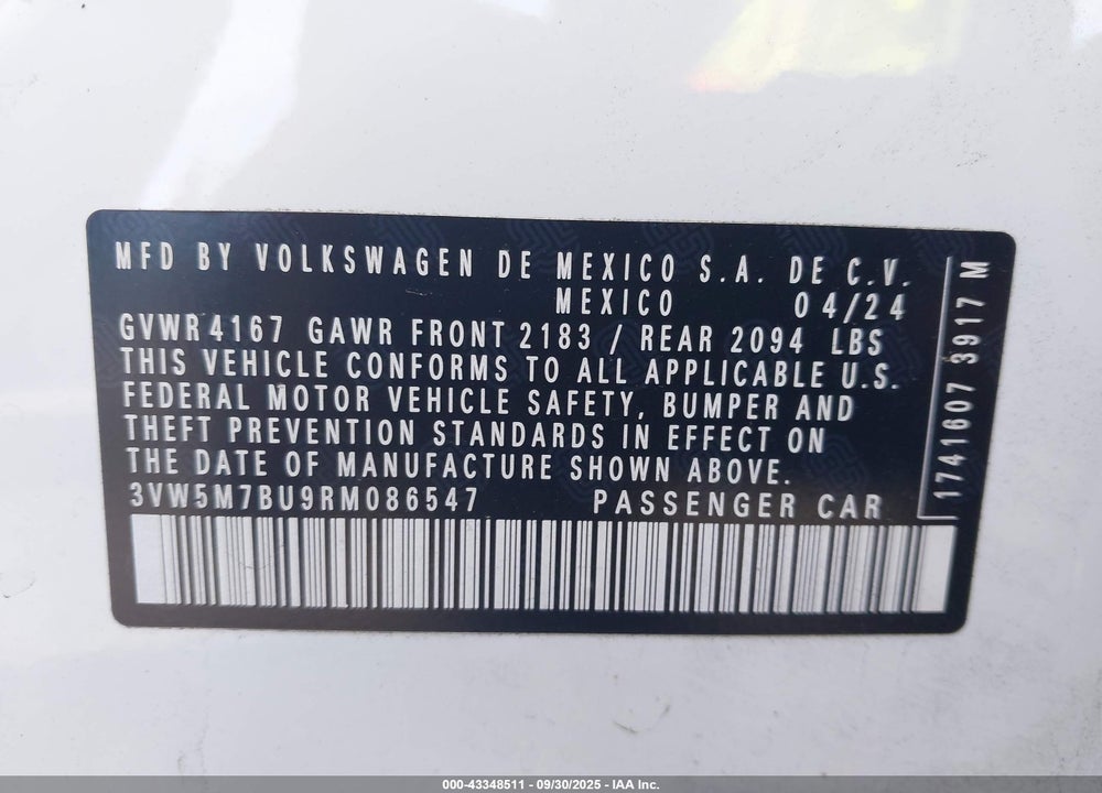2024 VOLKSWAGEN JETTA 1.5T S VIN: 3VW5M7BU9RM086547