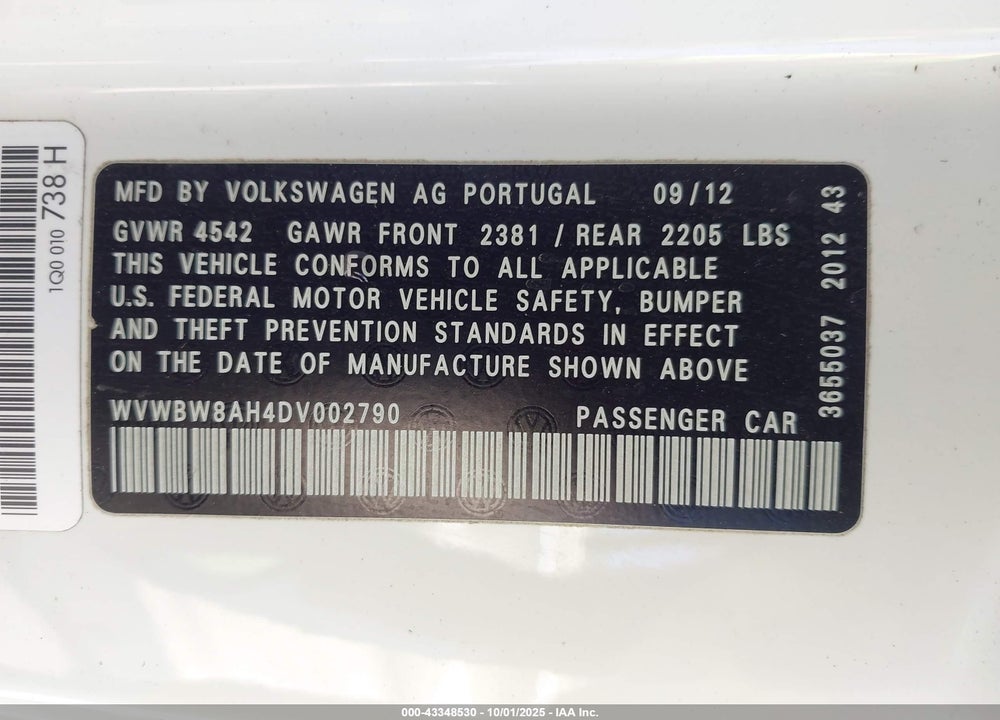 2013 VOLKSWAGEN EOS VIN: WVWBW8AH4DV002790