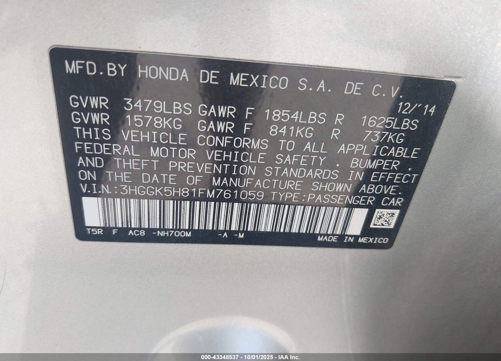 2015 HONDA FIT EX/EX-L VIN: 3HGGK5H81FM761059